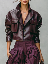 WOMEN'S LOOSE PU LEATHER SHORT DOUBLE CHEST POCKET JACKET