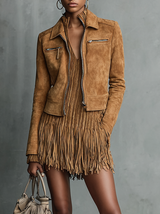 WOMEN'S FASHION CROPPED SUEDE LAPEL ZIPPER JACKET