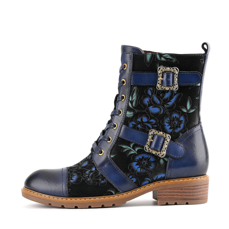 TIMELESS GRACE FLORAL LACE-UP FLAT ANKLE BOOTS