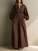 WOMEN'S CASUAL BROWN COTTON AND LINEN V-NECK LONG-SLEEVED MAXI DRESS WITH ELASTIC WAIST MDZ1295A0AN