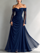 WOMEN'S ELEGANT DARK BLUE CHIFFON ORGANZA OFF-SHOULDER LONG-SLEEVED FITTED MAXI DRESS MDA1711L9AN
