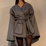 Women's Belted Wrap Jacket with Wide Sleeves