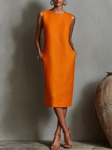 WOMEN'S ORANGE LINEN SHIFT DRESS WITH SLEEVELESS ROUND NECK & SIDE POCKETS, TIMELESS MINIMALIST-ELEGANT STYLE DRESS MDZ2851C7I