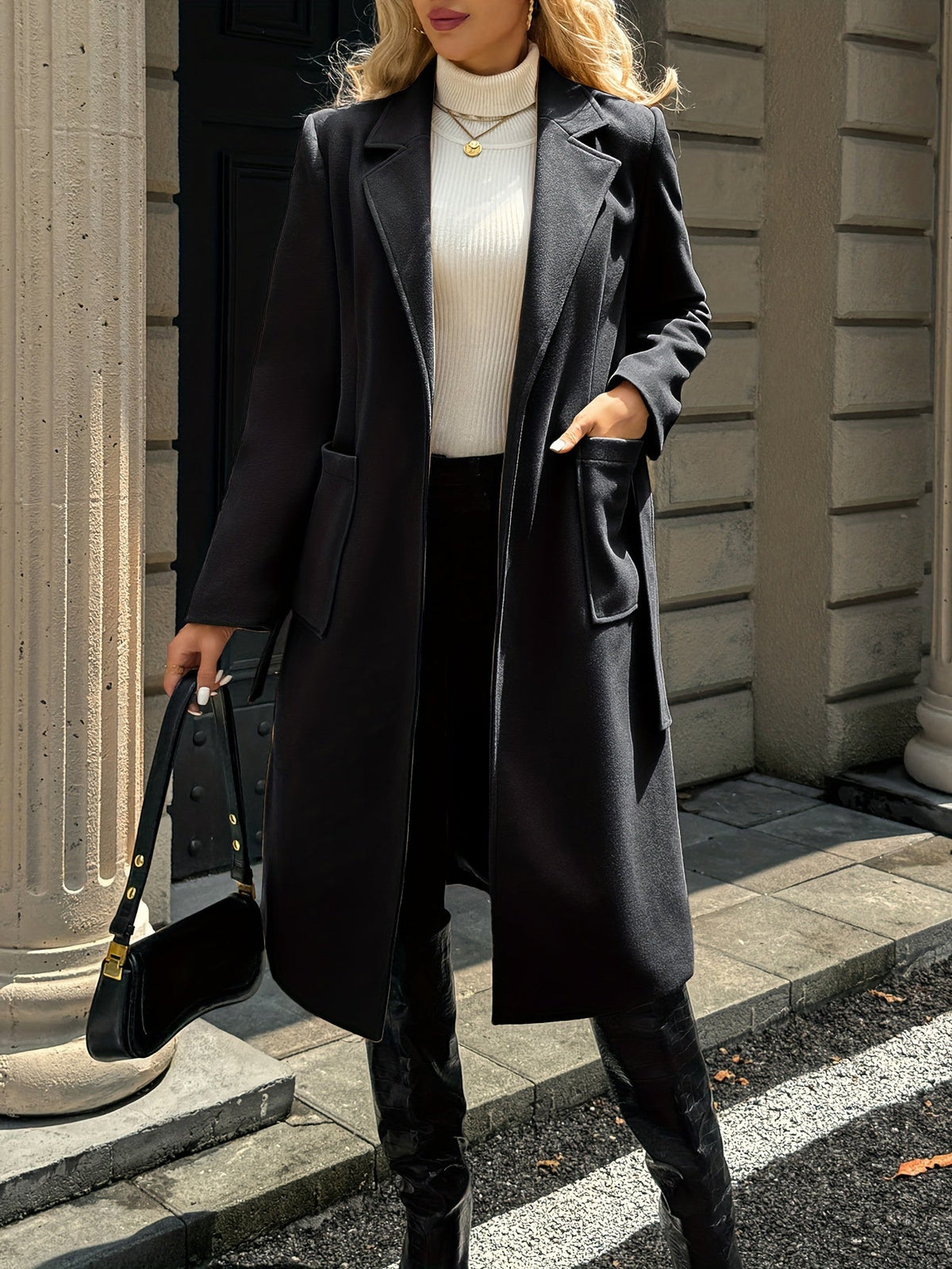 Women's Belted Long Coat Notch Lapel Front Pockets