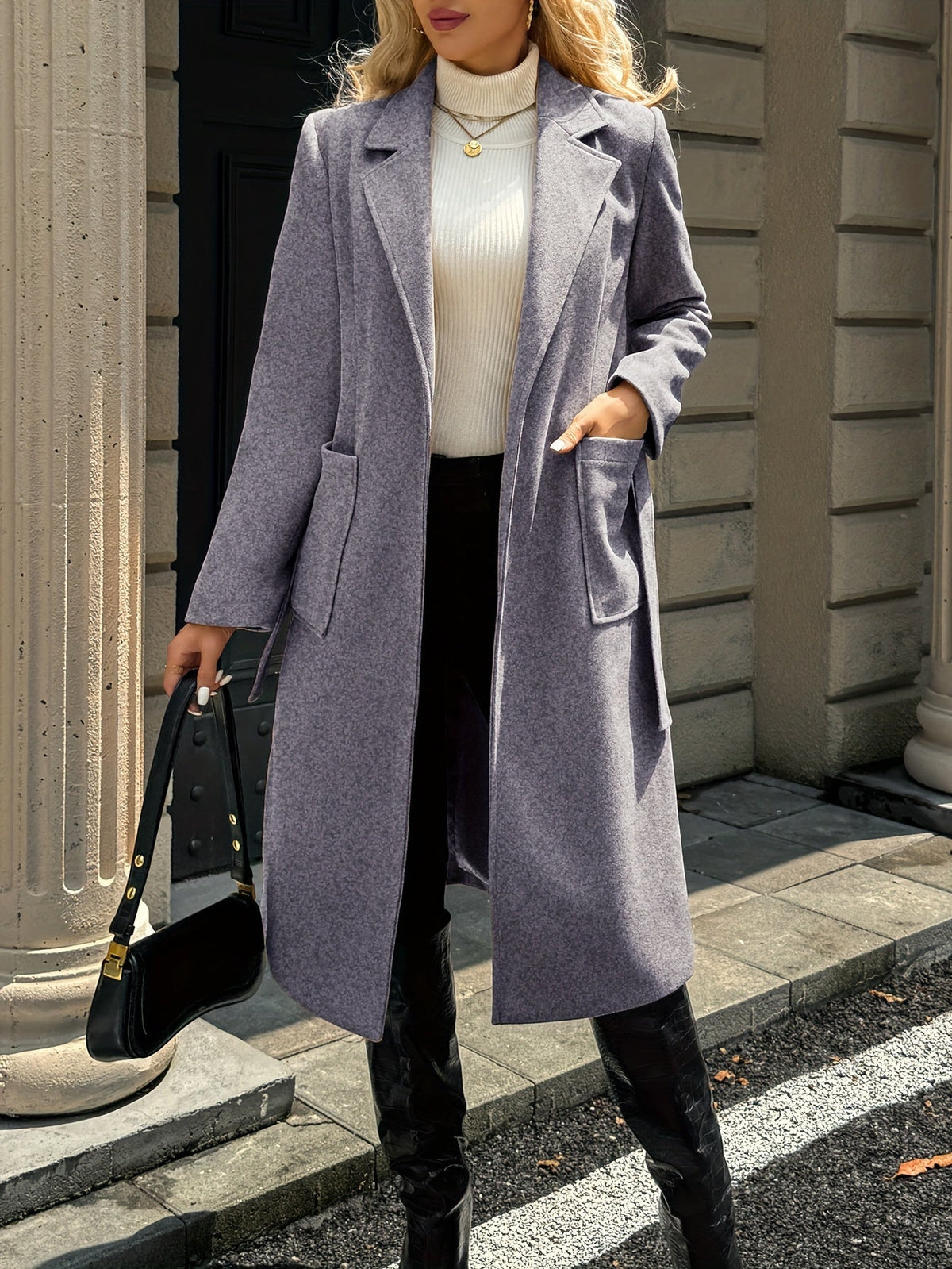 Women's Belted Long Coat Notch Lapel Front Pockets