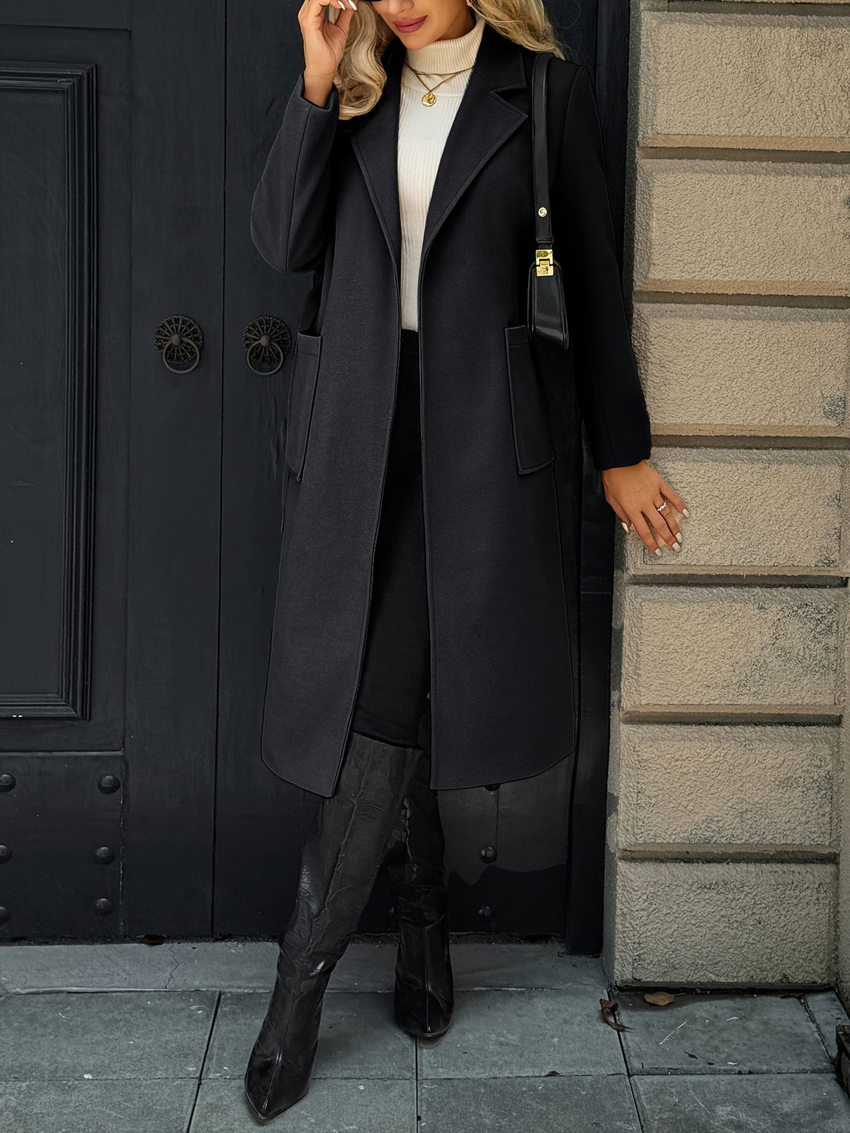 Women's Belted Long Coat Notch Lapel Front Pockets