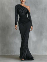 WOMEN'S BLACK ELEGANT SATIN ONE - SHOULDER RUCHED MERMAID MAXI DRESS MDA2278I0I