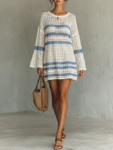 WOMEN'S VACATION STYLE OPENWORK KNIT STRIPED MINI DRESS MDA1806L6Y