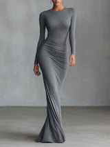 WOMEN'S GREY ELEGANT STRETCH - POLYESTER-COTTON BLEND RUCHED OPEN - BACK MAXI DRESS MDA2860H8I