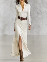WOMEN'S LAPEL LONG SLEEVE WAIST-TIGHTENING MAXI DRESS (WITHOUT BELT)MDA2480G9Y