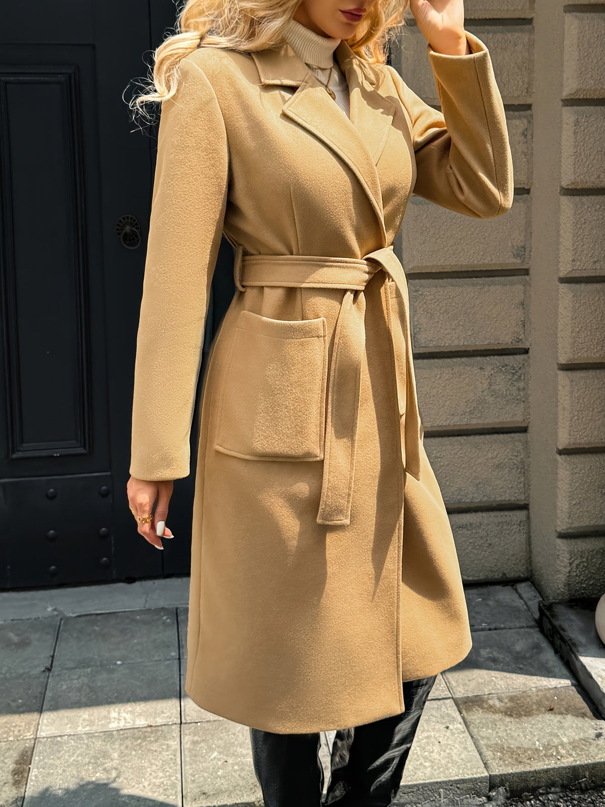 Women's Belted Long Coat Notch Lapel Front Pockets
