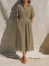 WOMEN'S MEDITERRANEAN STYLE KHAKI COTTON BLEND STRIPED COLLARED BUTTON-FRONT SHORT SLEEVE EYELET HEM MIDI SHIRT DRESS