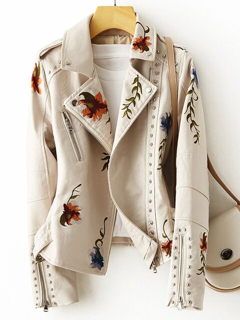 Women's Embroidered Biker Jacket with Floral Detail