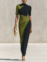 WOMEN'S BLACK & OLIVE GREEN COLOR-BLOCK JERSEY MAXI DRESS WITH HIGH NECK & WAIST RUCHED DETAIL, ELEGANT BODYCON EVENING DRESS MDZ0948F9LYL