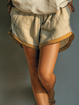 WOMEN'S KHAKI LINEN WAIST CONTRAST BROWN TRIM CASUAL LOOSE SHORTS WITH SIDE POCKETS MDZ3043C3T