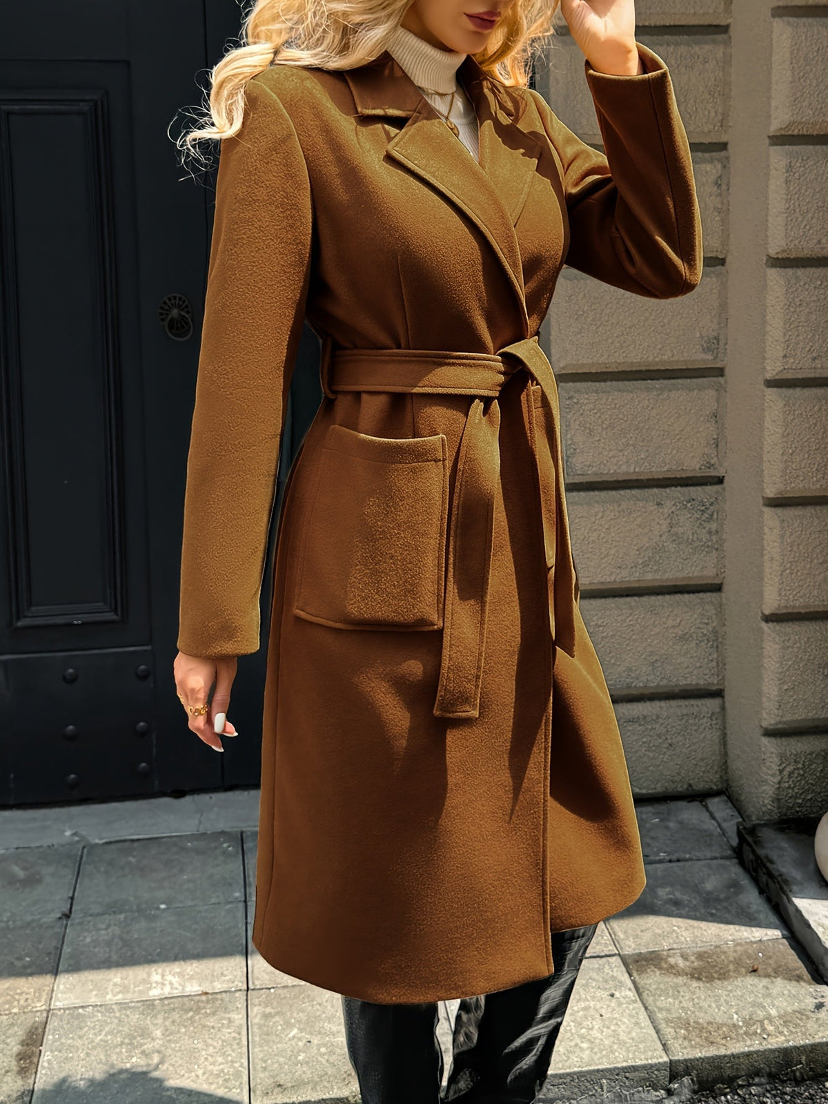 Women's Belted Long Coat Notch Lapel Front Pockets