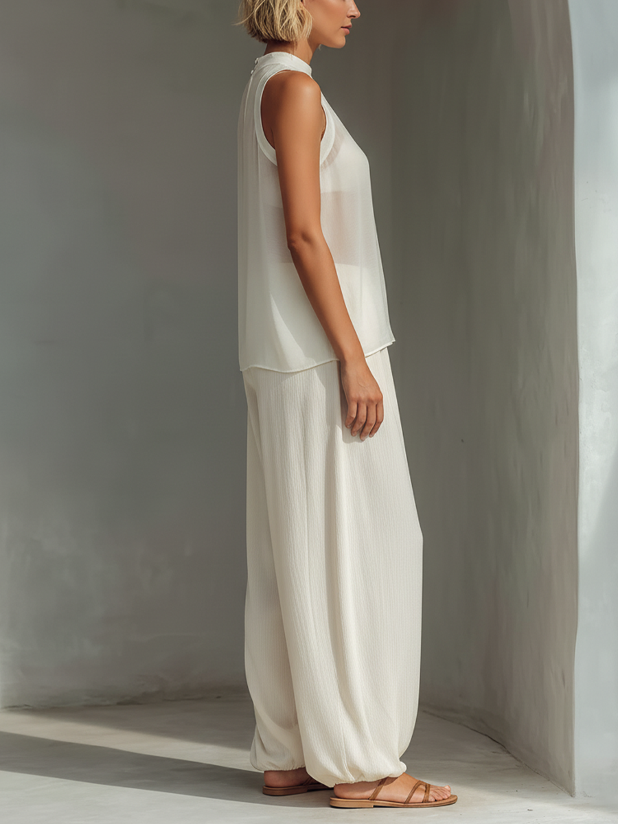 Women’s Cream Sheer Sleeveless High Neck Oversized Flowy Cami Top