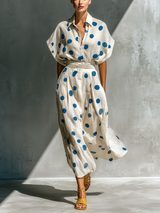 WOMEN’S OFF-WHITE LINEN-BLEND POLKA DOT SHIRT DRESS WITH WAIST CINCHER & POCKETS MDZ2481D3T