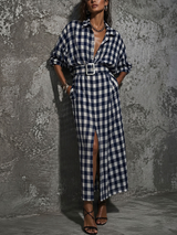 WOMEN'S CASUAL COMMUTER STYLE BLUE AND WHITE PLAID COTTON BELTED FRONT SLIT MAXI SHIRT DRESS