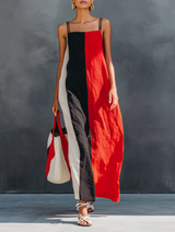WOMEN'S MINIMALIST COLOR-BLOCK LINEN-BLEND MAXI DRESS WITH SQUARE NECK AND SPAGHETTI STRAPS
