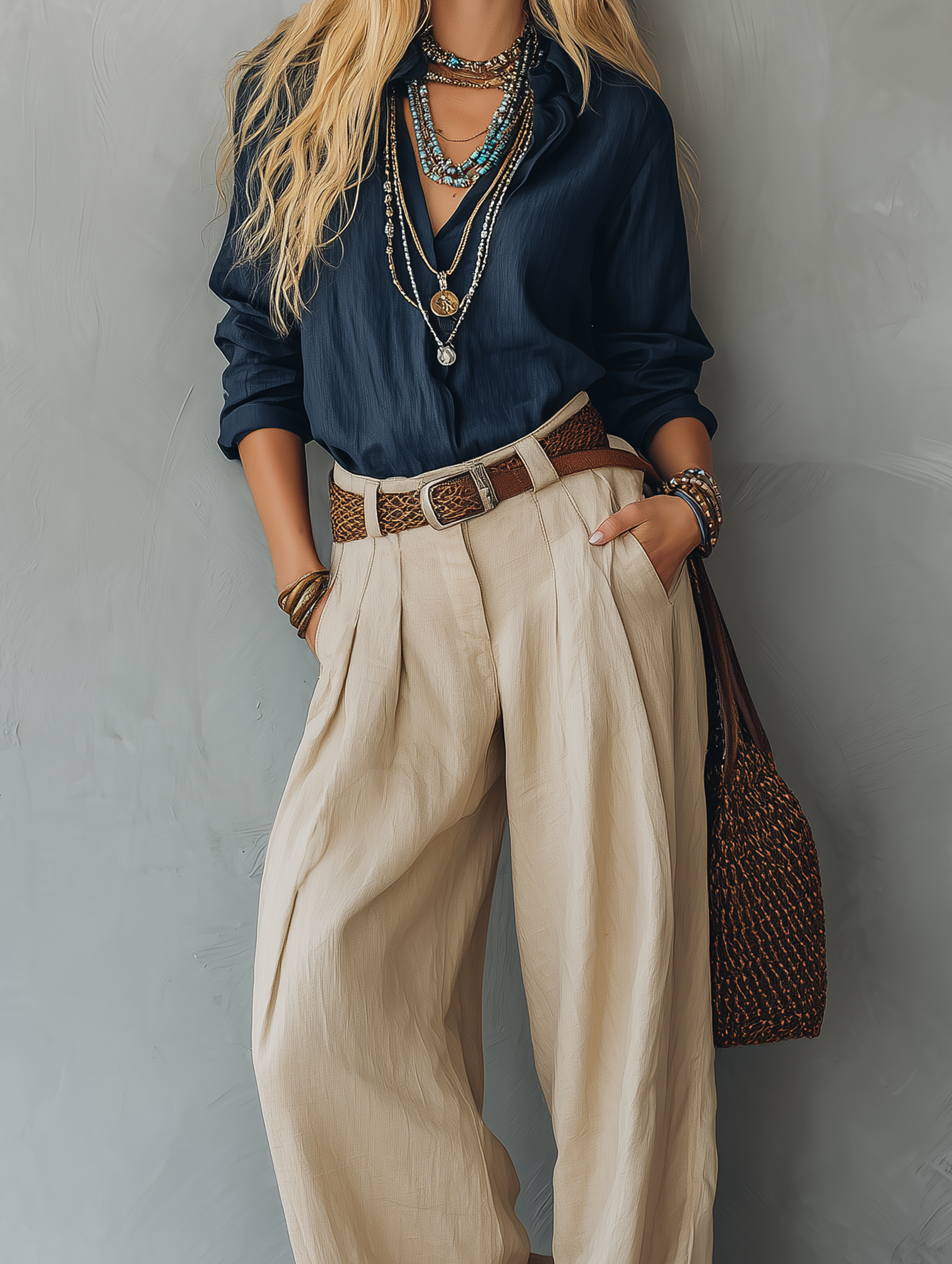 Women's Casual Navy Blue Cotton-Linen Long-Sleeve Pullover Shirt Paired
