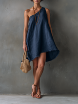 WOMEN'S MINIMALIST LINEN-BLEND ONE-SHOULDER SLEEVELESS MINI DRESS WITH FRAYED HEM