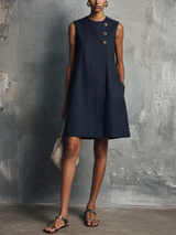 WOMEN'S MINIMALIST COMMUTER STYLE NAVY BLUE LINEN ROUND NECK ASYMMETRIC BUTTONS SIDE POCKET SLEEVELESS MINI DRESS