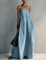 WOMEN'S CASUAL BLUE COTTON-LINEN SLEEVELESS CAMISOLE MAXI DRESS
