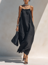 WOMEN'S MINIMALIST SOLID BLACK RUFFLE-NECK MAXI DRESS WITH SPAGHETTI STRAPS