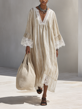 WOMEN'S MINIMALIST BEIGE VERTICAL-STRIPE MAXI DRESS WITH WHITE LACE TRIM AND FLARED LONG SLEEVES