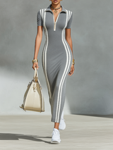 WOMEN'S GREY STRETCHY RIB KNIT MAXI DRESS WITH ZIP POLO COLLAR & VERTICAL SIDE STRIPES, CHIC SPORTY BODYCON PENCIL DRESS