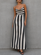 WOMEN'S MINIMALIST STRIPED PRINT SPAGHETTI STRAP COWL NECK MAXI DRESS MDZ3099F8WY