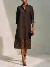 WOMEN'S MINIMALIST SOLID BROWN LINEN & LACE-PANEL MIDI SHIRT DRESS