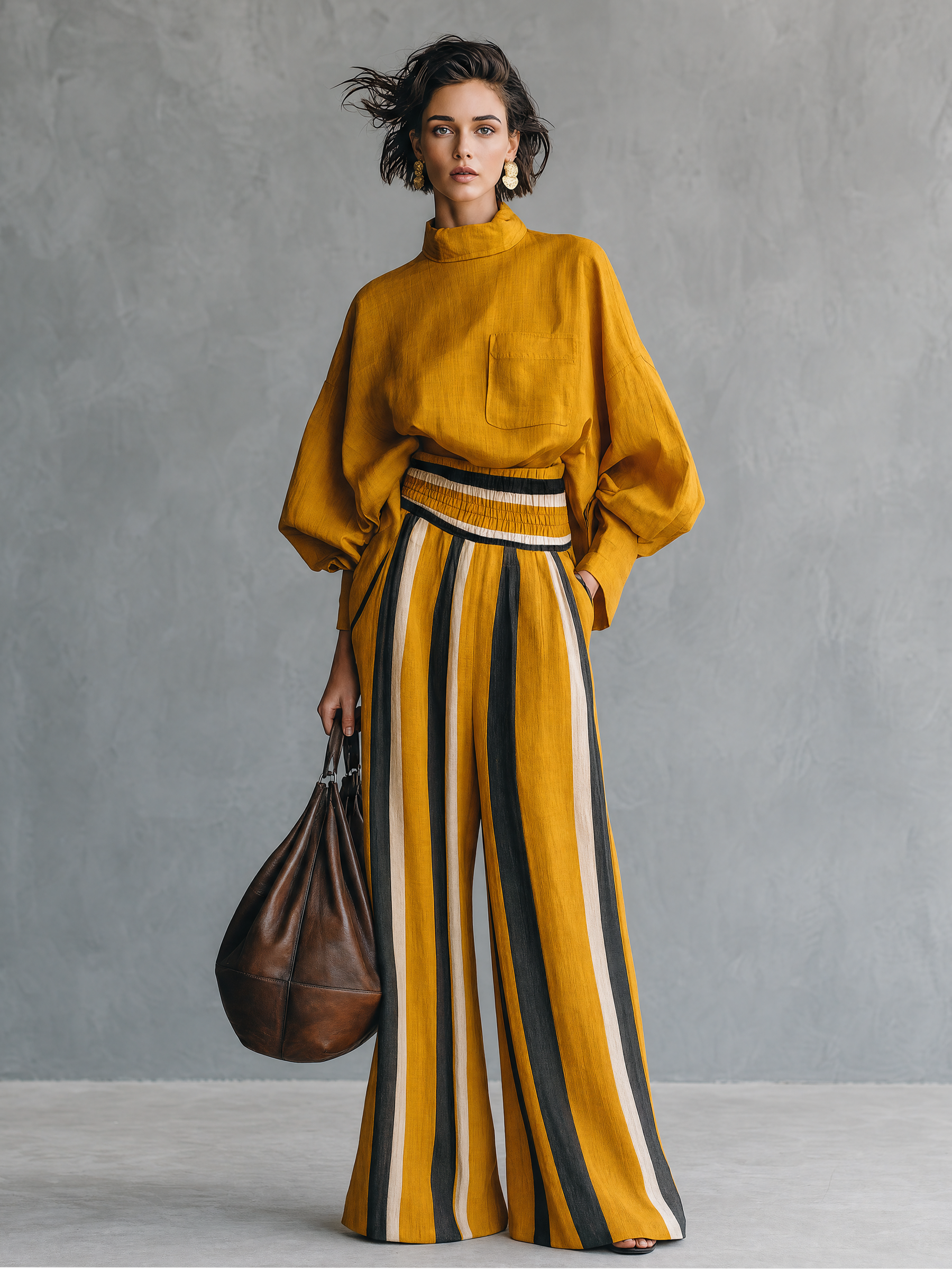 Women's Minimalist Linen-blend Mock-neck Lantern-sleeve Blouse