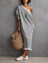 WOMEN'S CASUAL MINIMALIST OFF-SHOULDER LONG-SLEEVE MAXI SWEATSHIRT DRESS WITH WHITE TRIM