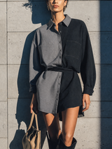 WOMEN'S BLACK GREY COLOUR BLOCK FAUX DENIM COLLARED LONG SLEEVE DOUBLE POCKET BELTED SHIRT