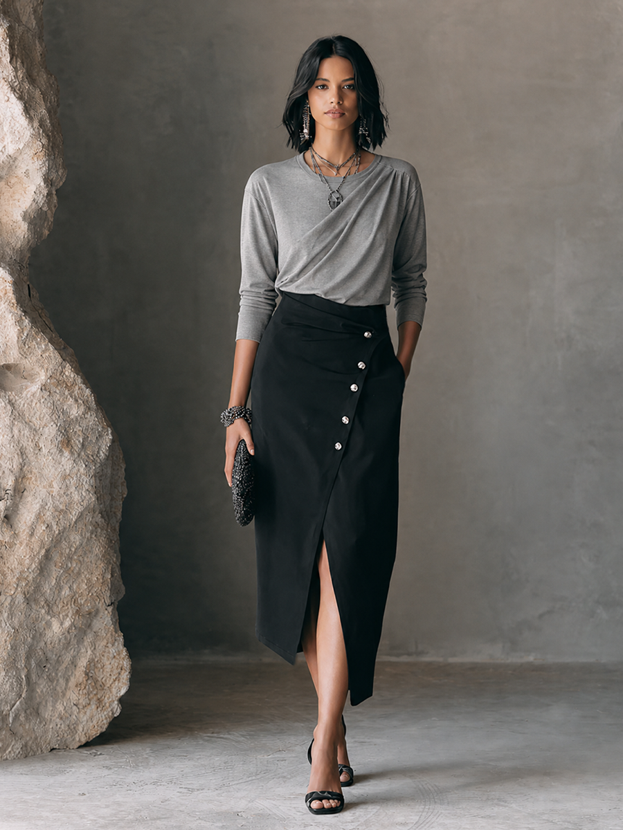 Women's Casual Elegant Heather Grey Knit Cotton Blend Draped Twist Front Long Sleeve Top