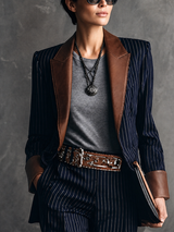 WOMEN'S VINTAGE-STYLE NAVY STRIPED COTTON-BLEND BLAZER WITH BROWN LEATHER-LOOK CONTRAST COLLAR