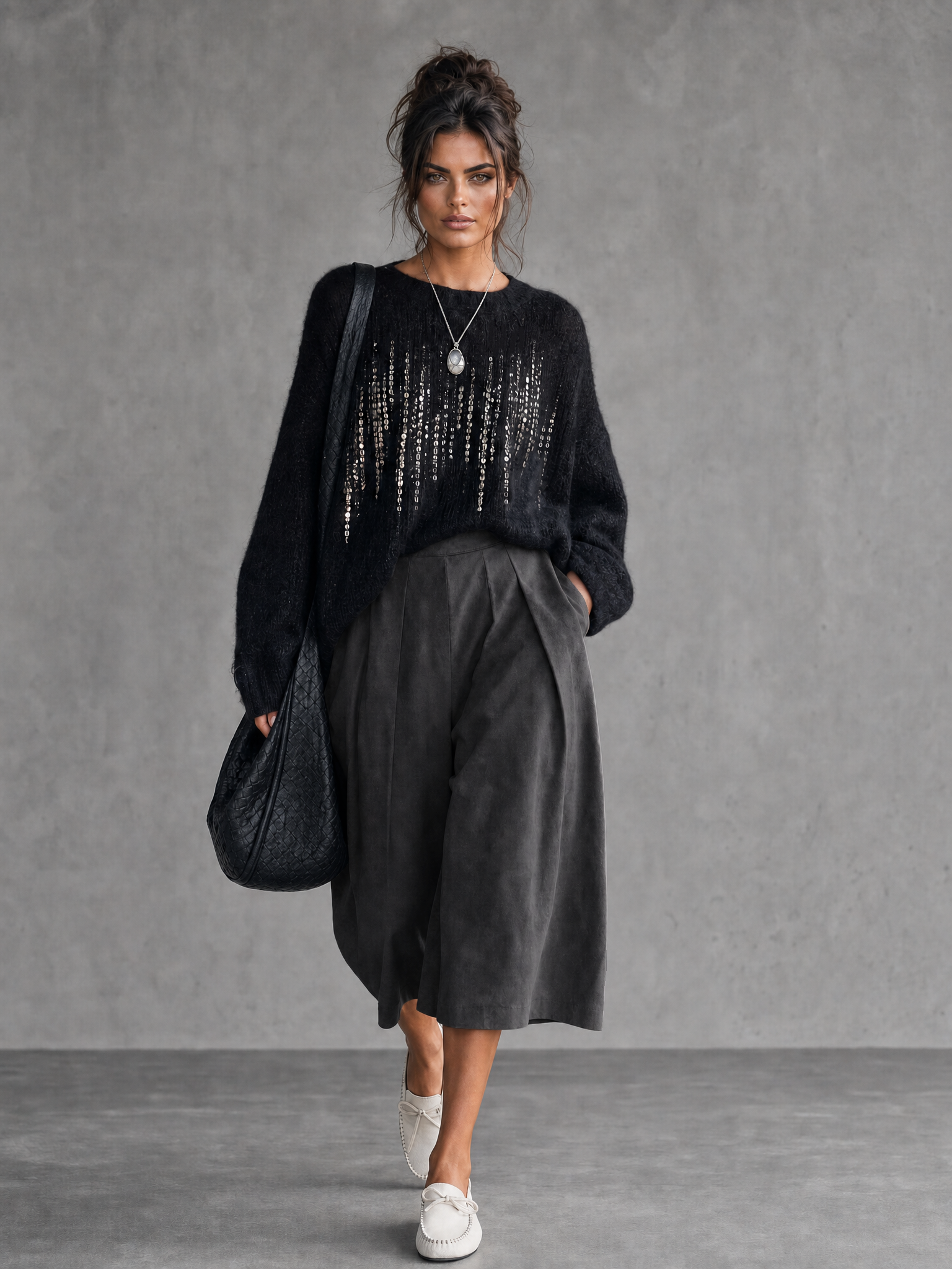 Women's Minimalist Suede Cropped Wide-Leg Trousers MDZ2105G3WY