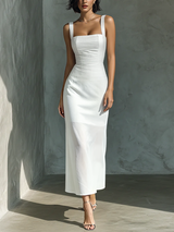 WOMEN'S SIMPLE WHITE COTTON AND LINEN BLEND SLEEVELESS MIDI DRESS MDZ1204A3BA