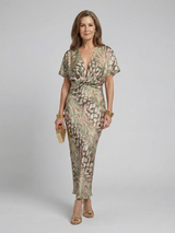 CORALIE | ABSTRACT PRINT V NECK TWIST WAIST MIDI DRESS
