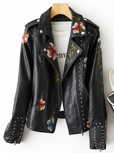 Women's Embroidered Biker Jacket with Floral Detail