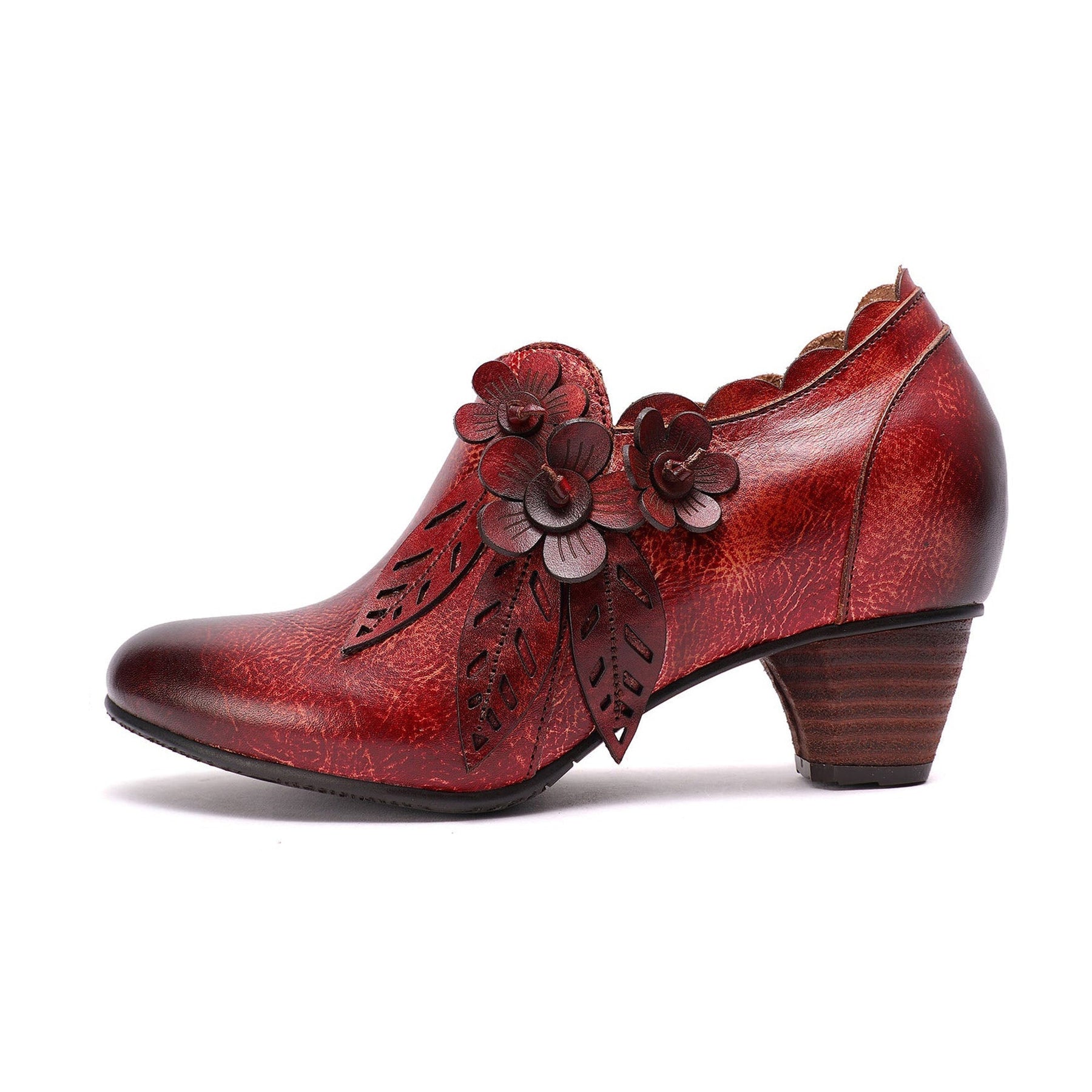 Retro Handmade Floral Leather Low-Heel Pumps