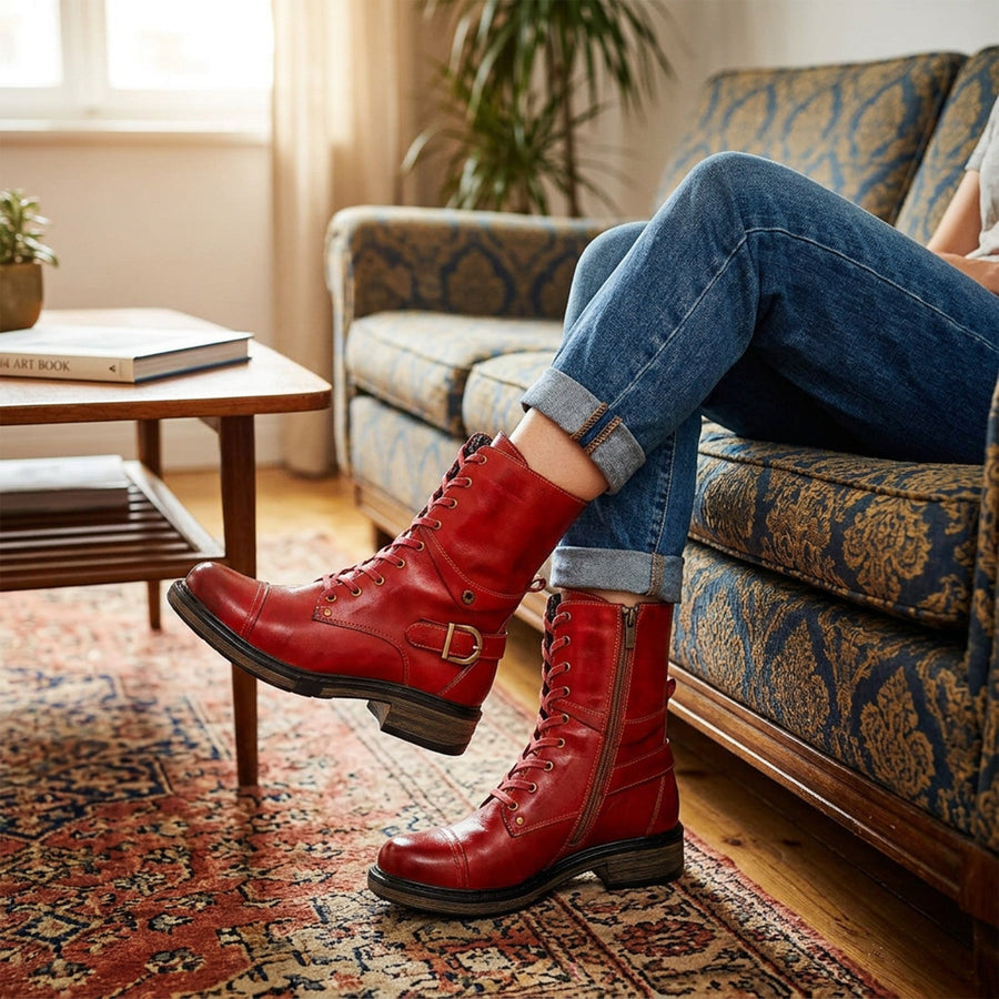 Comfortable Genuine Leather Boots With Laces And Inside Zippers