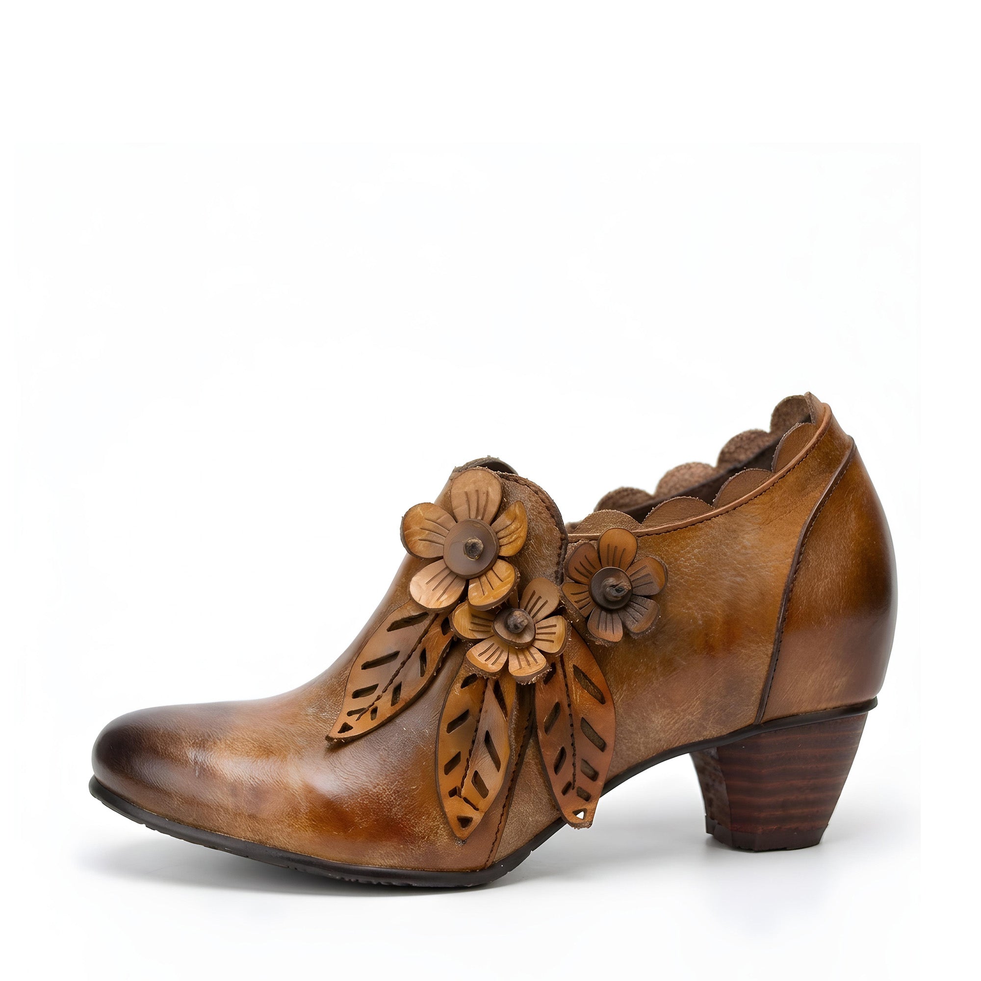 Retro Handmade Floral Leather Low-Heel Pumps