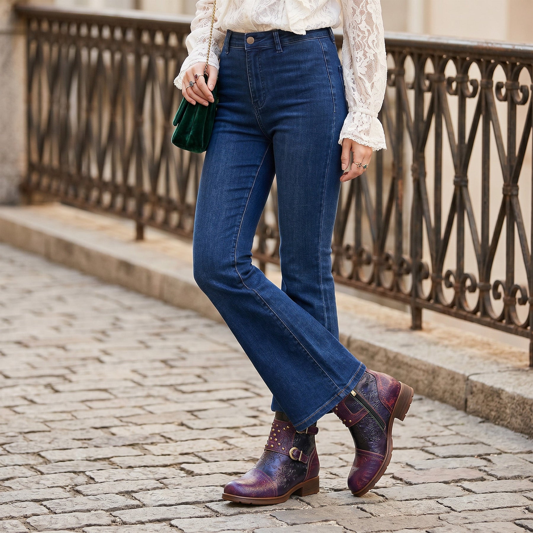 Vintage Handmade Embossed Rose Flat Boots