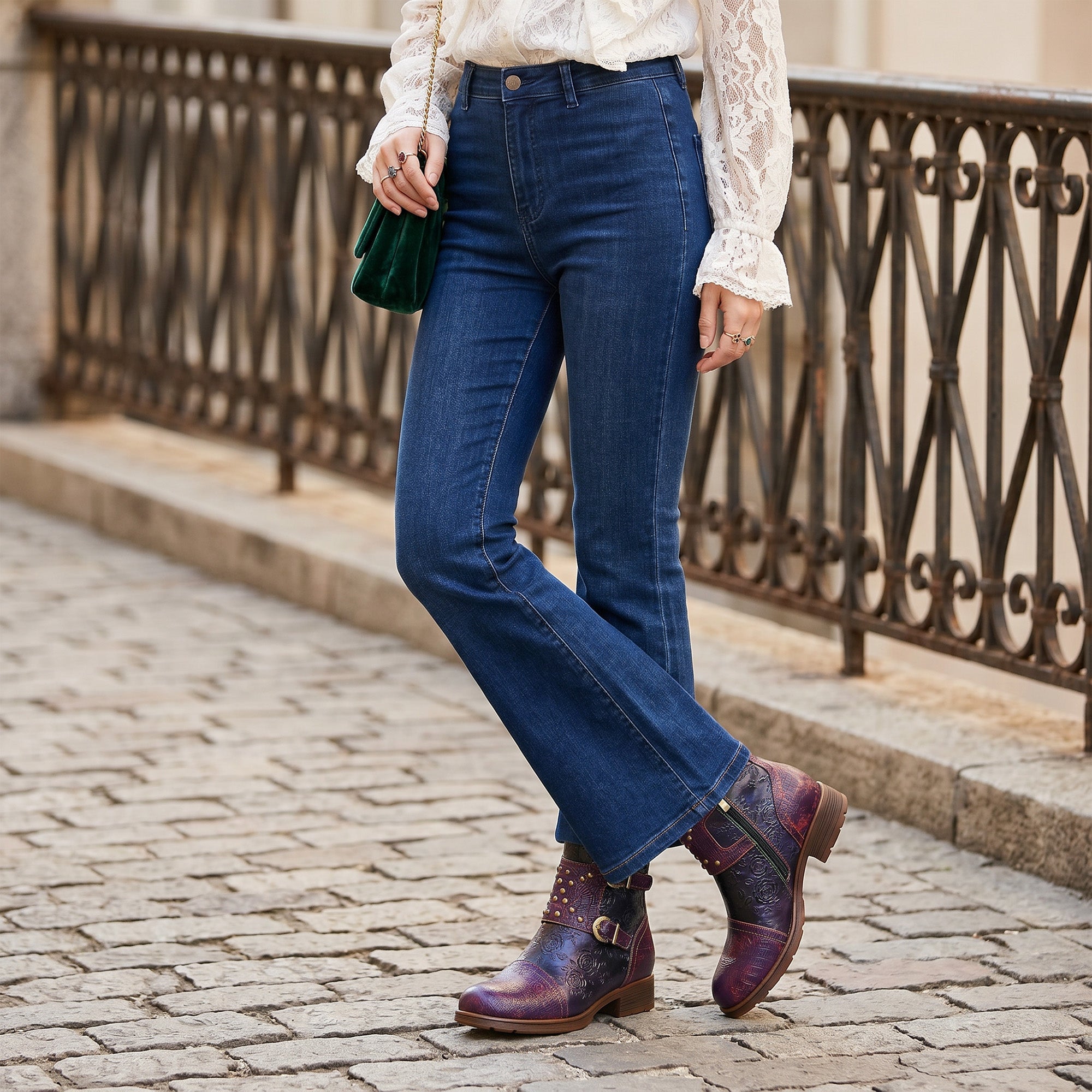 Vintage Handmade Embossed Rose Flat Boots