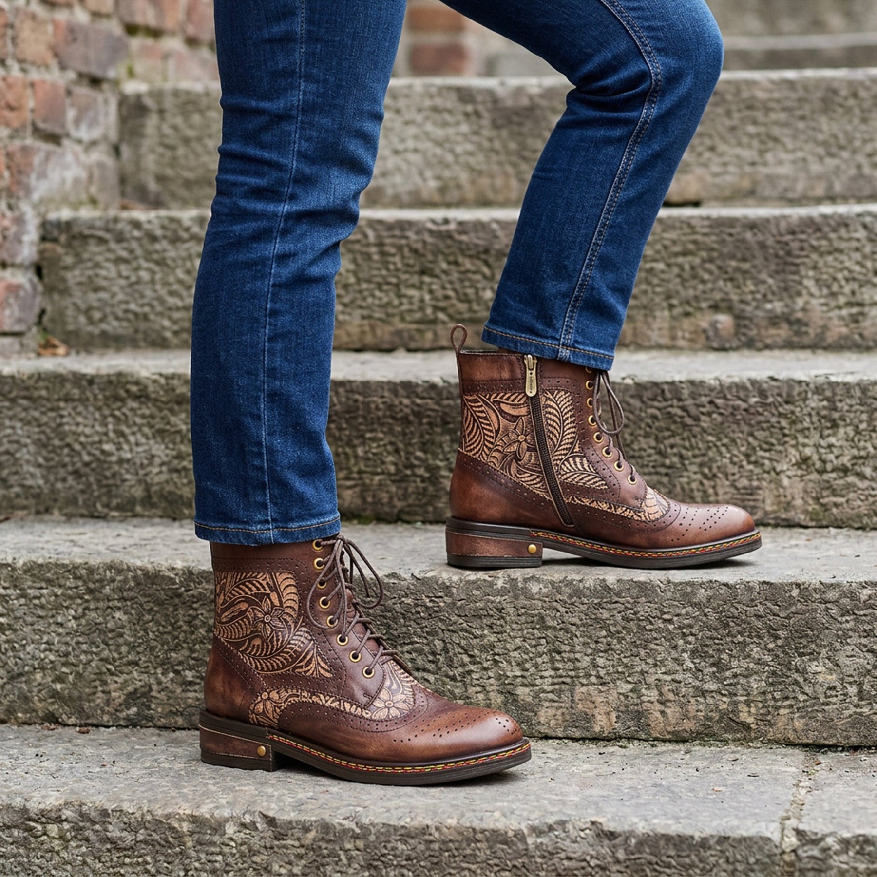 Floral Engraved Vintage Leather Ankle Boots