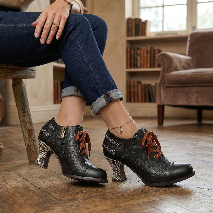 Floral Embossed Lace-Up Heels