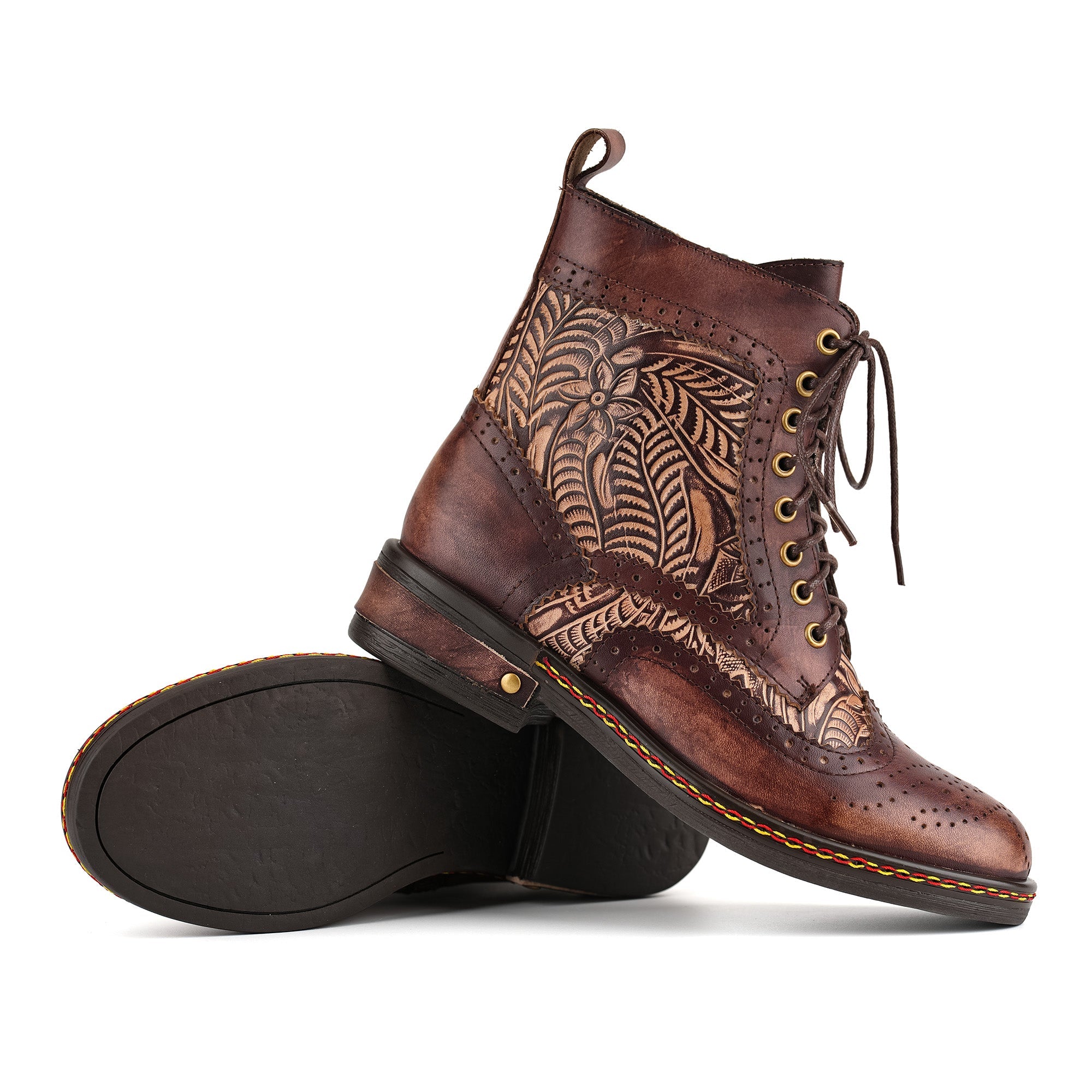 Floral Engraved Vintage Leather Ankle Boots